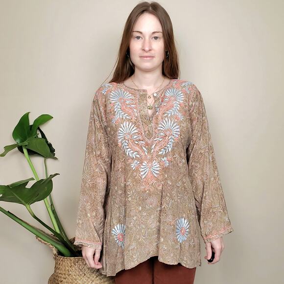 Tibet Arts Tops - Tibet Arts Floral Paisley Embroidered Tunic Silk Small